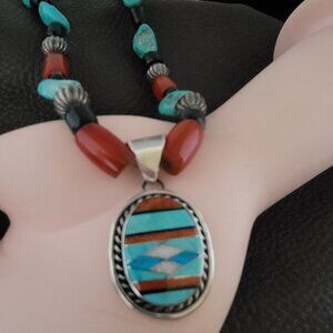 Vintage P Sanchez Sterling Bezel Set Turquoise Coral Onyx Opal Inlay And Silver